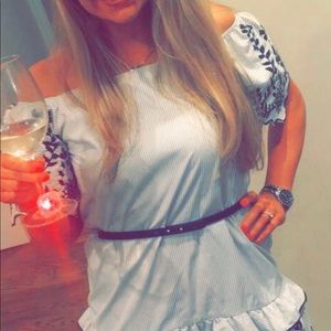 Pinstriped off the shoulder dress